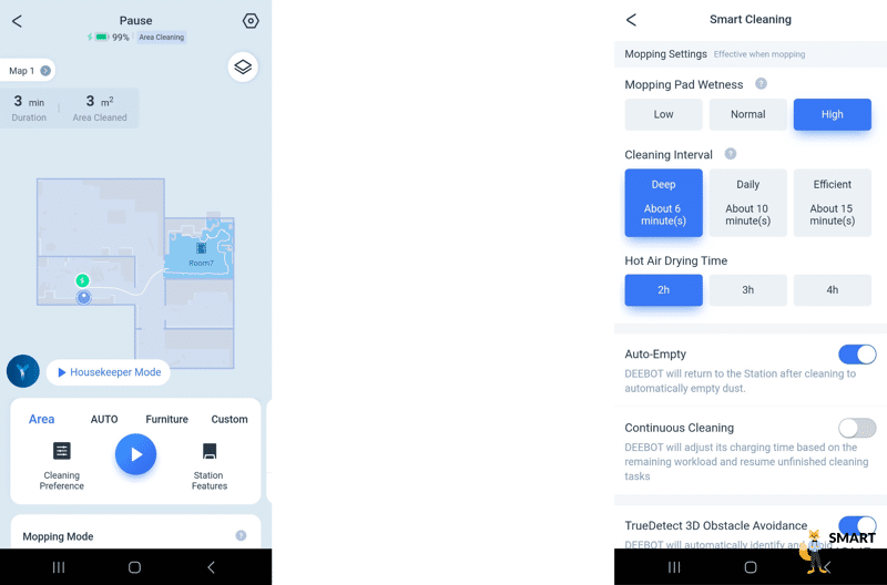 In der ECOVACS DEEBOT T20 OMNI App wird das Mopp-Reinigungsintervall ausgewählt.